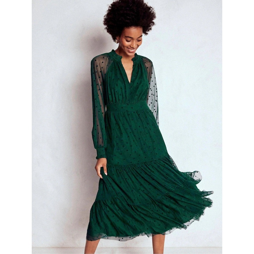 Boden Tulle Midi Dress 12 Emerald Green Polka Dot Tiered Cocktail Formal Event